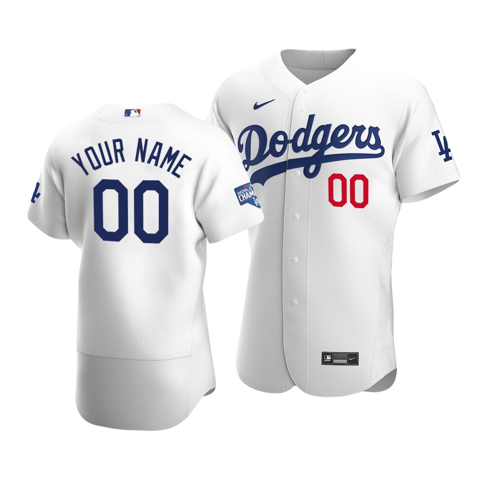 Men's Los Angeles Dodgers Active Player Custom White 2020 World Series Champions Home Patch Flex Base Stitched Jersey